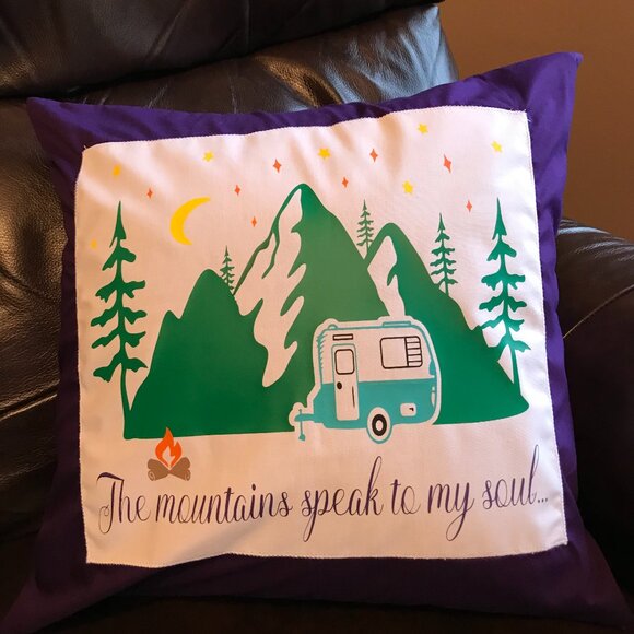 Mountain Camping Pillow Cover, 18x18: Handmade Vintage Camper Teal Purple Decor - Picture 4 of 10